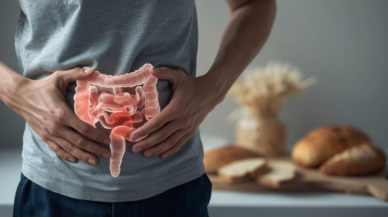 Schematyczne przedstawienie jelita cienkiego z zaznaczonym stanem zapalnym w przebiegu celiakii