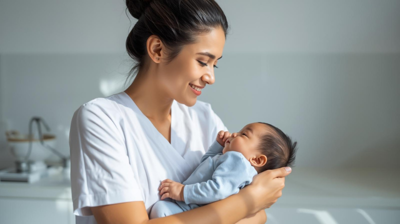 uśmiechnięta mama trzymająca niemowlę w ramionach, symbol opieki i zdrowego rozwoju dziecka